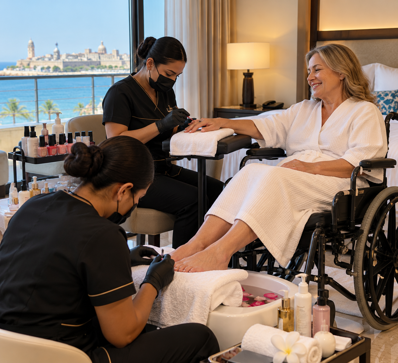 Manicura y pedicura a domicilio para una persona mayor con movilidad reducida en su hotel de Cartagena